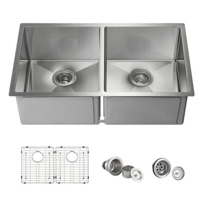 32 3/4" Handcrafted Undermount Double Bowl Stainless Steel Kitchen Sink - C1-33DEQ  - Shop at Home Craft Studio - 1