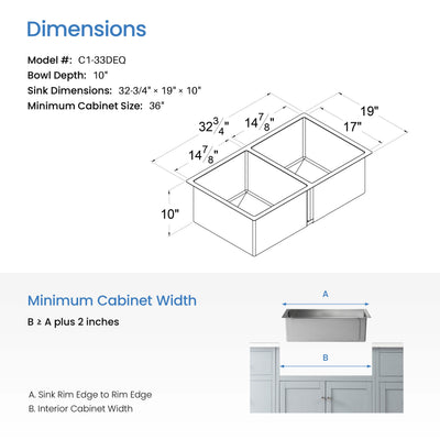32 3/4" Handcrafted Undermount Double Bowl Stainless Steel Kitchen Sink - C1-33DEQ  - Shop at Home Craft Studio - 8