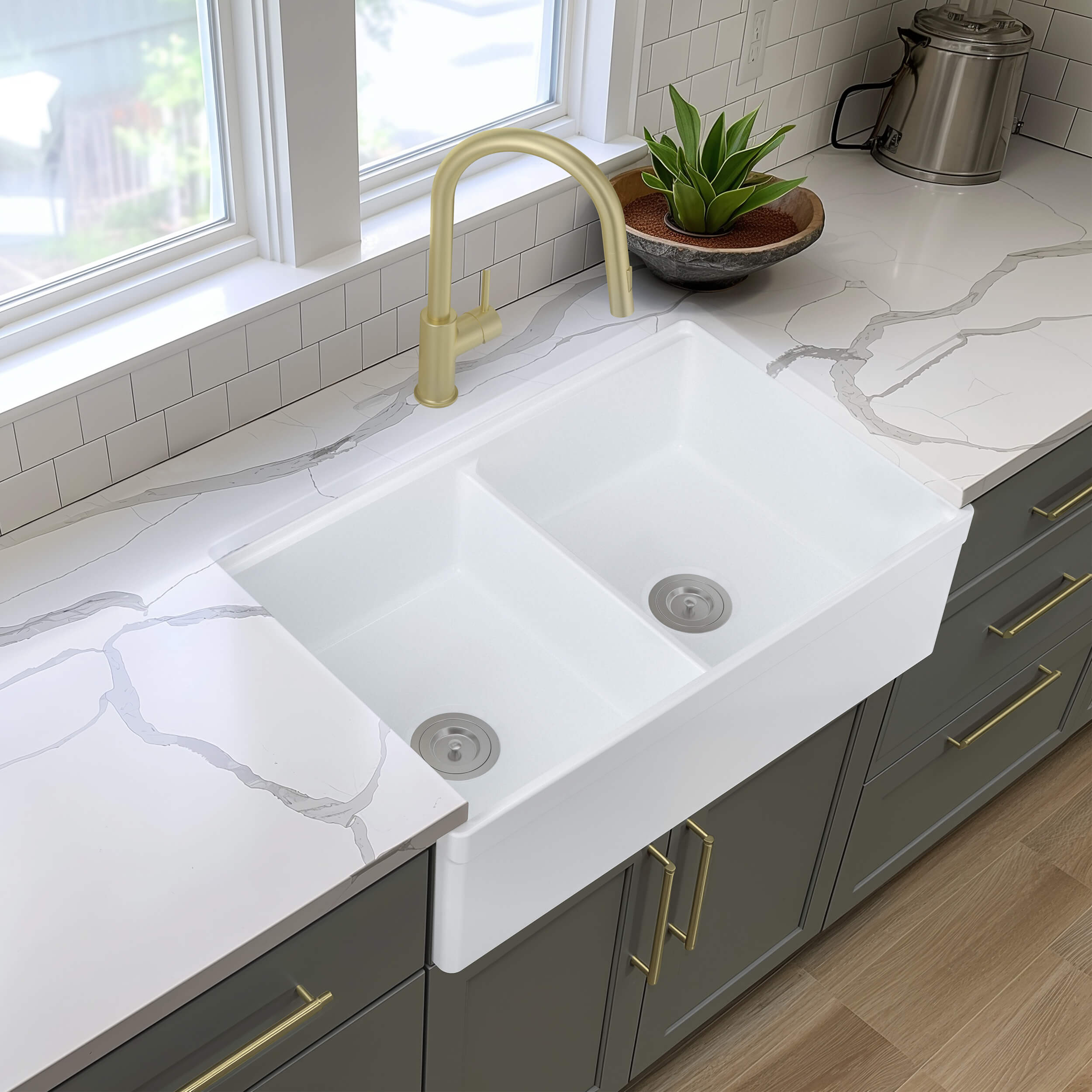 33" Fireclay Double Bowl  Farmhouse Kitchen Workstation Sink - C2-33DFT  - Shop at Home Craft Studio - 5
