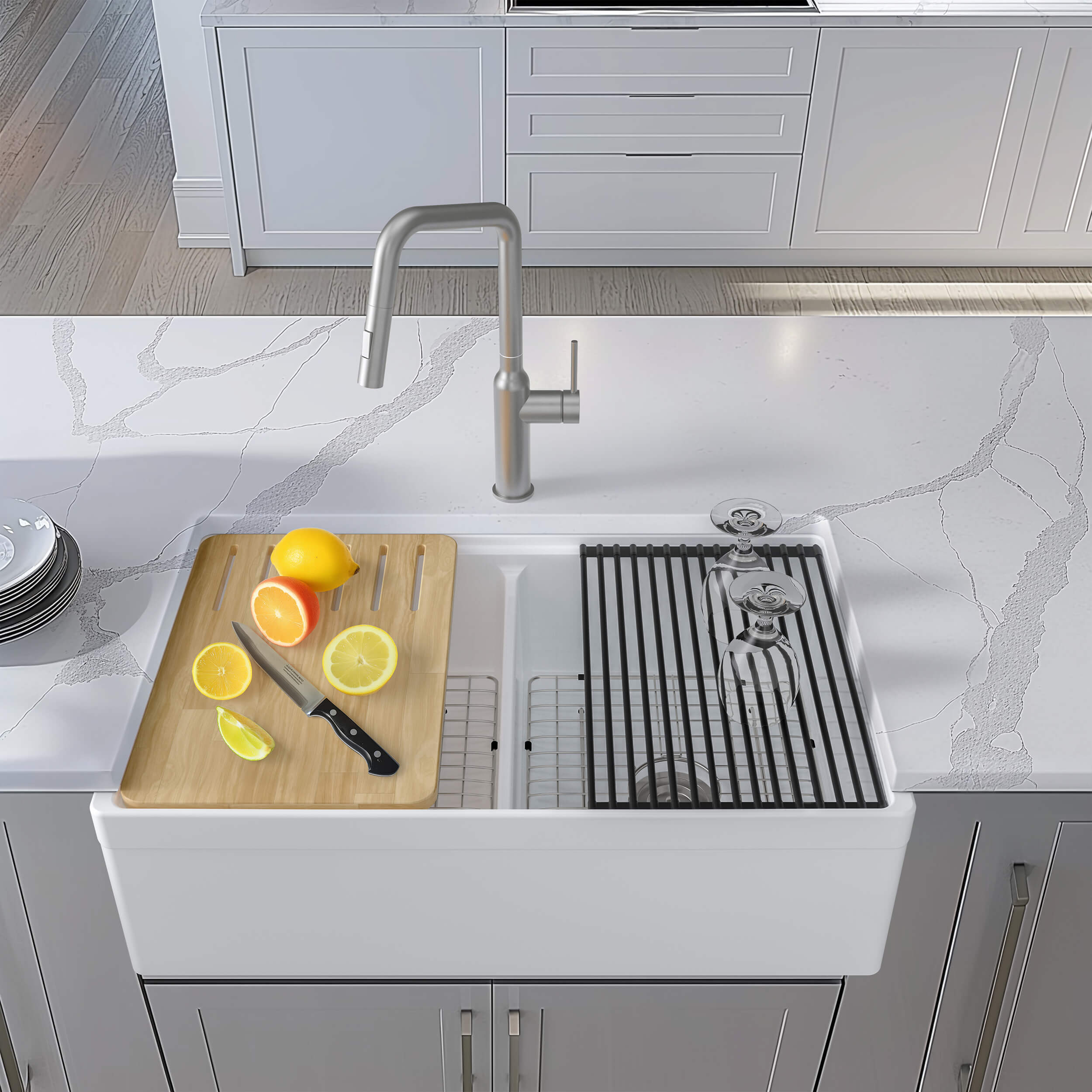 33" Fireclay Double Bowl  Farmhouse Kitchen Workstation Sink - C2-33DFT  - Shop at Home Craft Studio - 10
