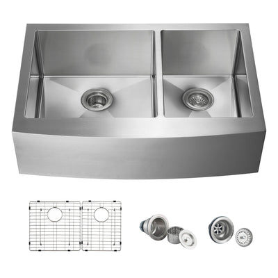 33" Handcrafted Farmhouse Apron Double Bowl Stainless Steel Kitchen Sink - C1-33DF  - Shop at Home Craft Studio - 1