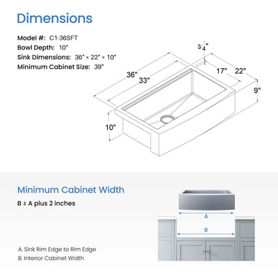 36" Farmhouse Apron Single Bowl Stainless Steel Workstation Kitchen Sink - C1-36SFT  - Shop at Home Craft Studio - 7