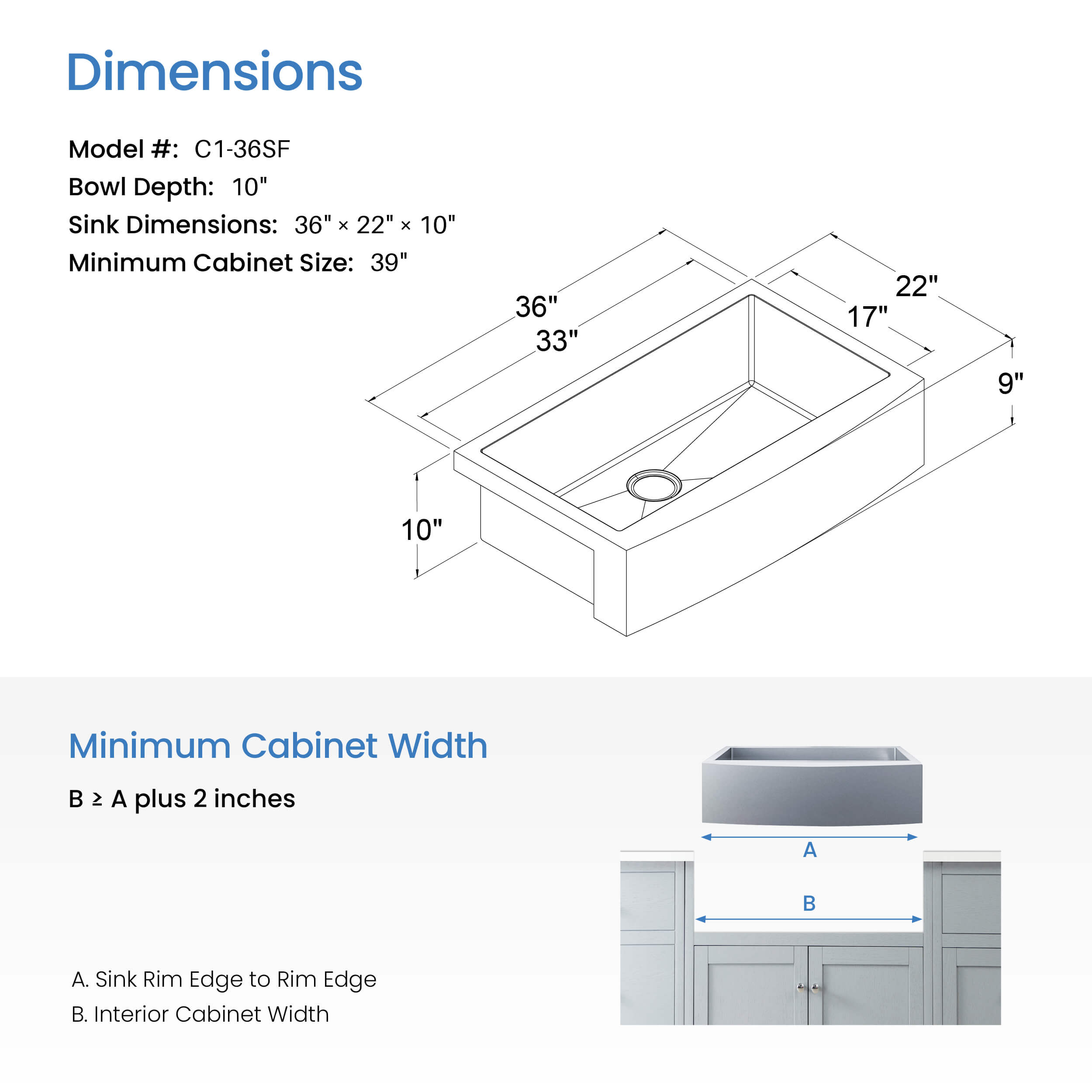 36" Handcrafted Farmhouse Apron Single Bowl Stainless Steel Kitchen Sink - C1-36SF  - Shop at Home Craft Studio - 7