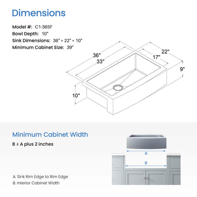 36" Handcrafted Farmhouse Apron Single Bowl Stainless Steel Kitchen Sink - C1-36SF  - Shop at Home Craft Studio - 7