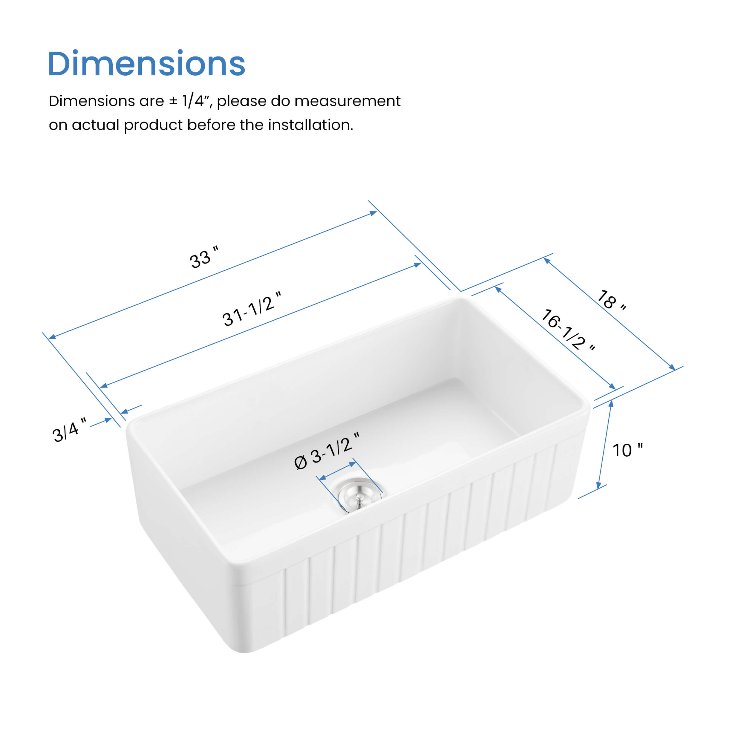 Nova - PL 33" Reversible Fireclay Single Bowl Kitchen Farmhouse Sink - C2-33SFPI  - Shop at Home Craft Studio - 7