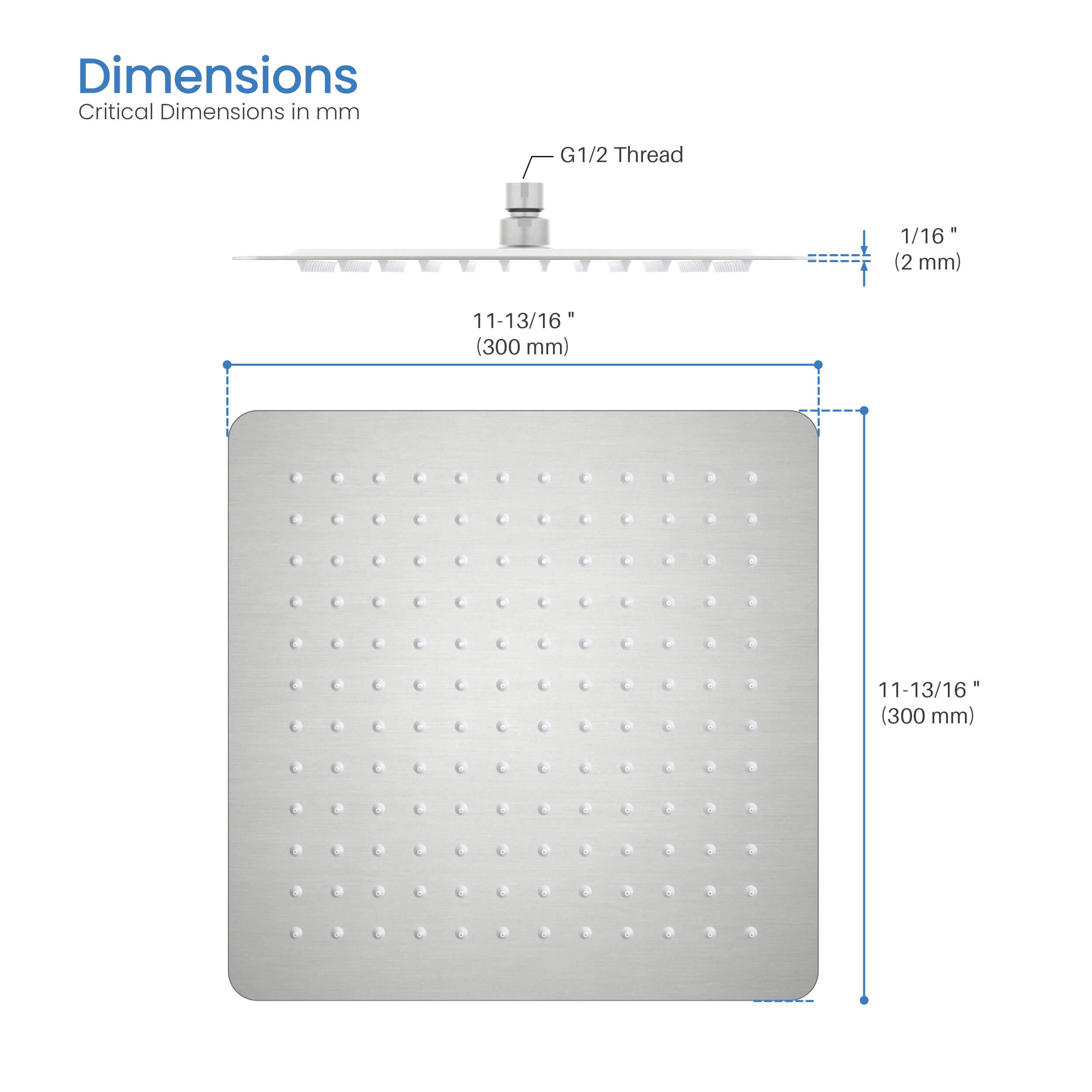 Quadra 12" Metal Rain Shower Head 2mm Ultra Thin Profile - RS103  - Shop at Home Craft Studio - 16