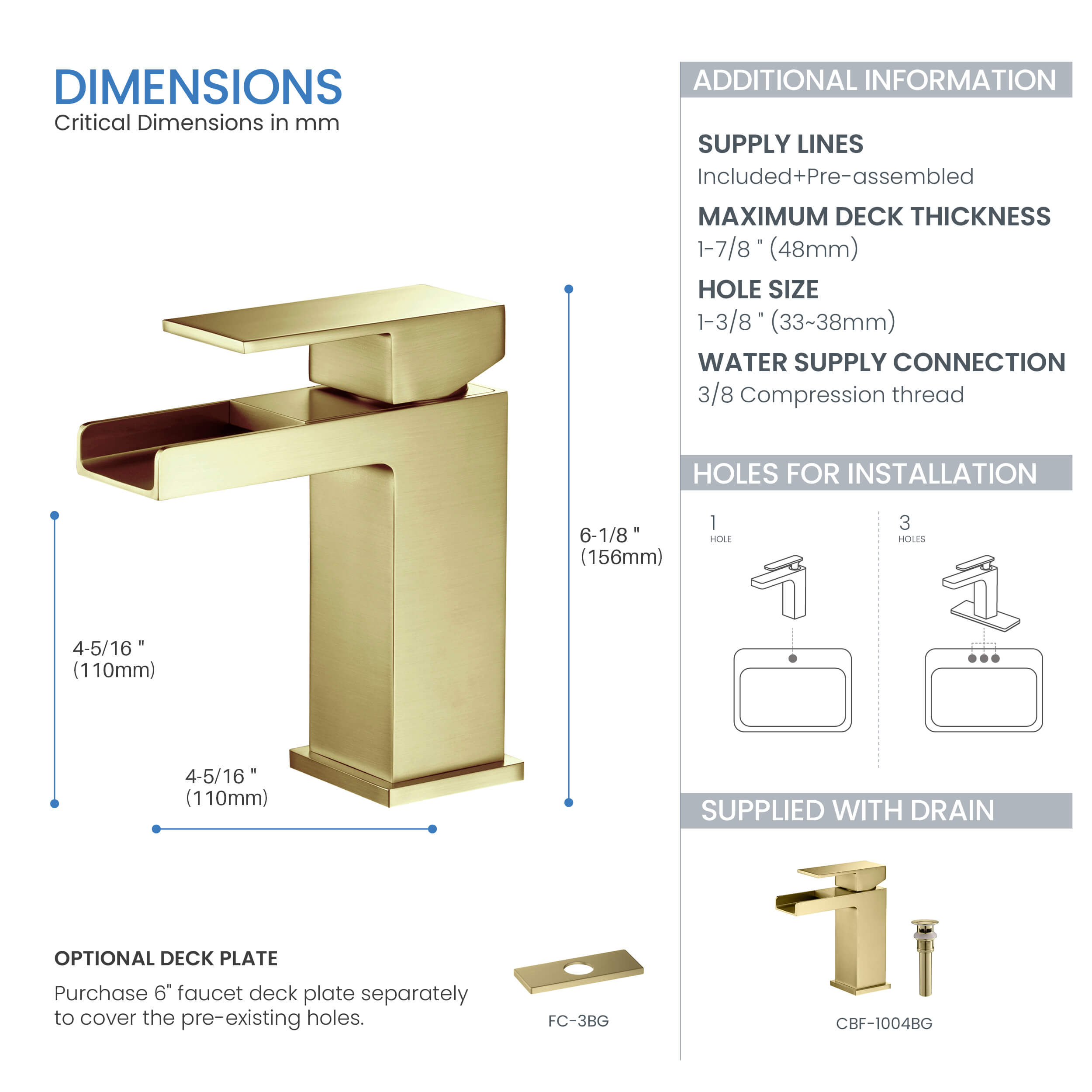 Quadra Waterfall Single Handle Bathroom Vanity Sink Faucet with Pop Up Drain - CBF-1004  - Shop at Home Craft Studio - 5