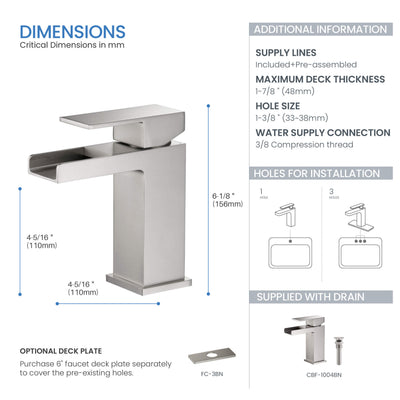 Quadra Waterfall Single Handle Bathroom Vanity Sink Faucet with Pop Up Drain - CBF-1004  - Shop at Home Craft Studio - 10