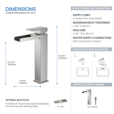 Quadra Waterfall Single Handle Bathroom Vessel Sink Faucet with Pop Up Drain - CBF-1005  - Shop at Home Craft Studio - 10