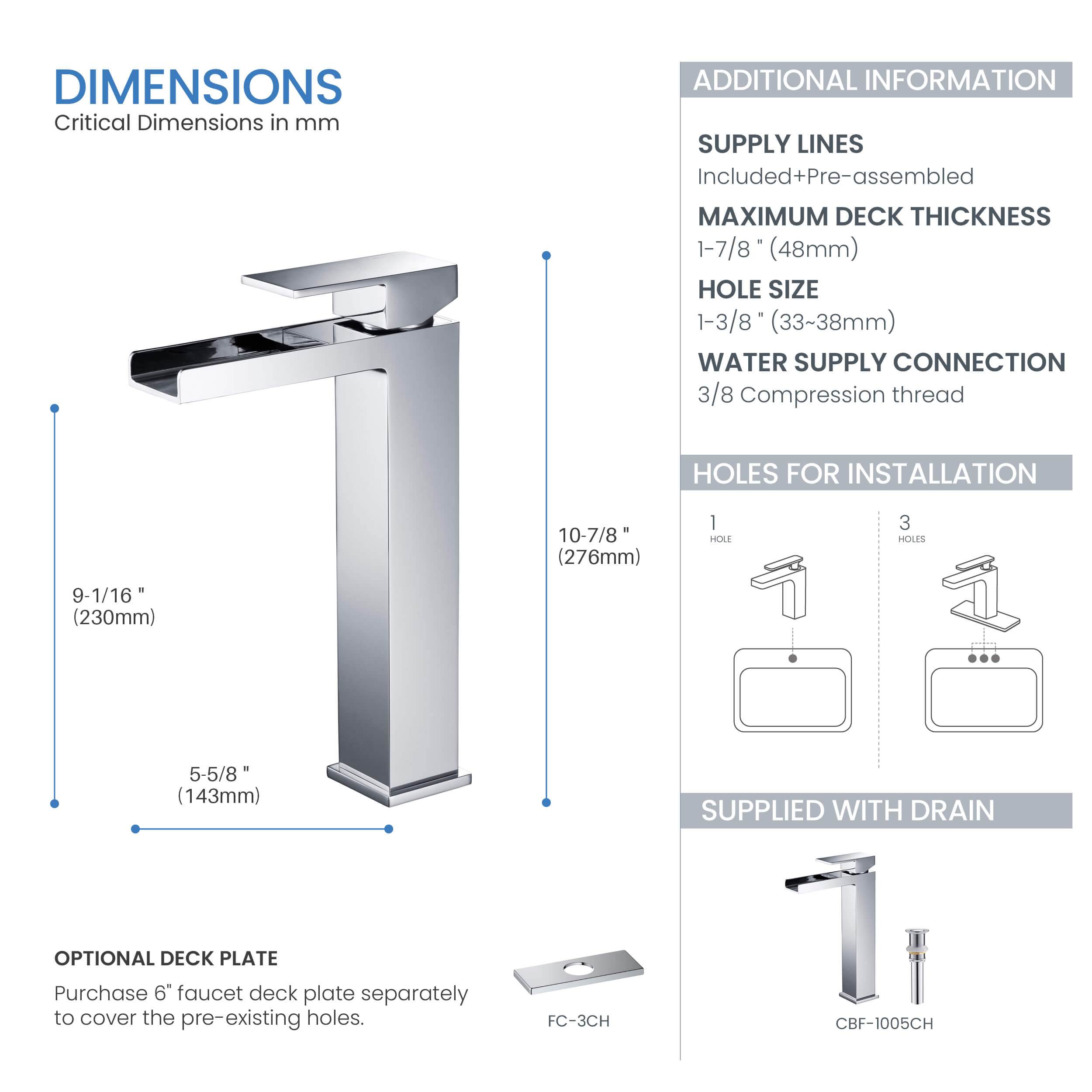 Quadra Waterfall Single Handle Bathroom Vessel Sink Faucet with Pop Up Drain - CBF-1005  - Shop at Home Craft Studio - 15