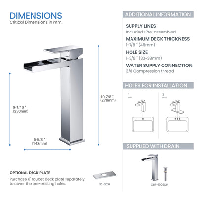 Quadra Waterfall Single Handle Bathroom Vessel Sink Faucet with Pop Up Drain - CBF-1005  - Shop at Home Craft Studio - 15