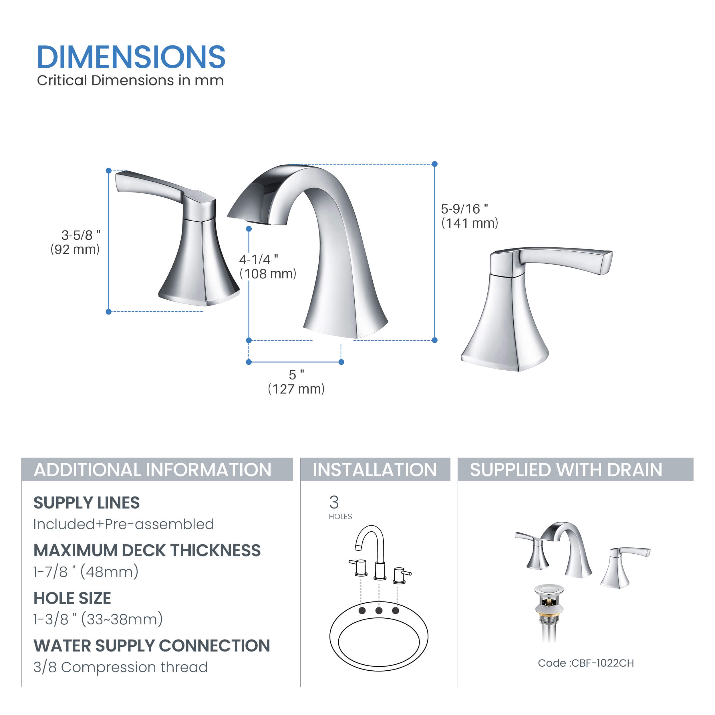 Vermont 8" Widespread Bathroom Sink Faucet with Drain Assembly - CBF-1022  - Shop at Home Craft Studio - 12