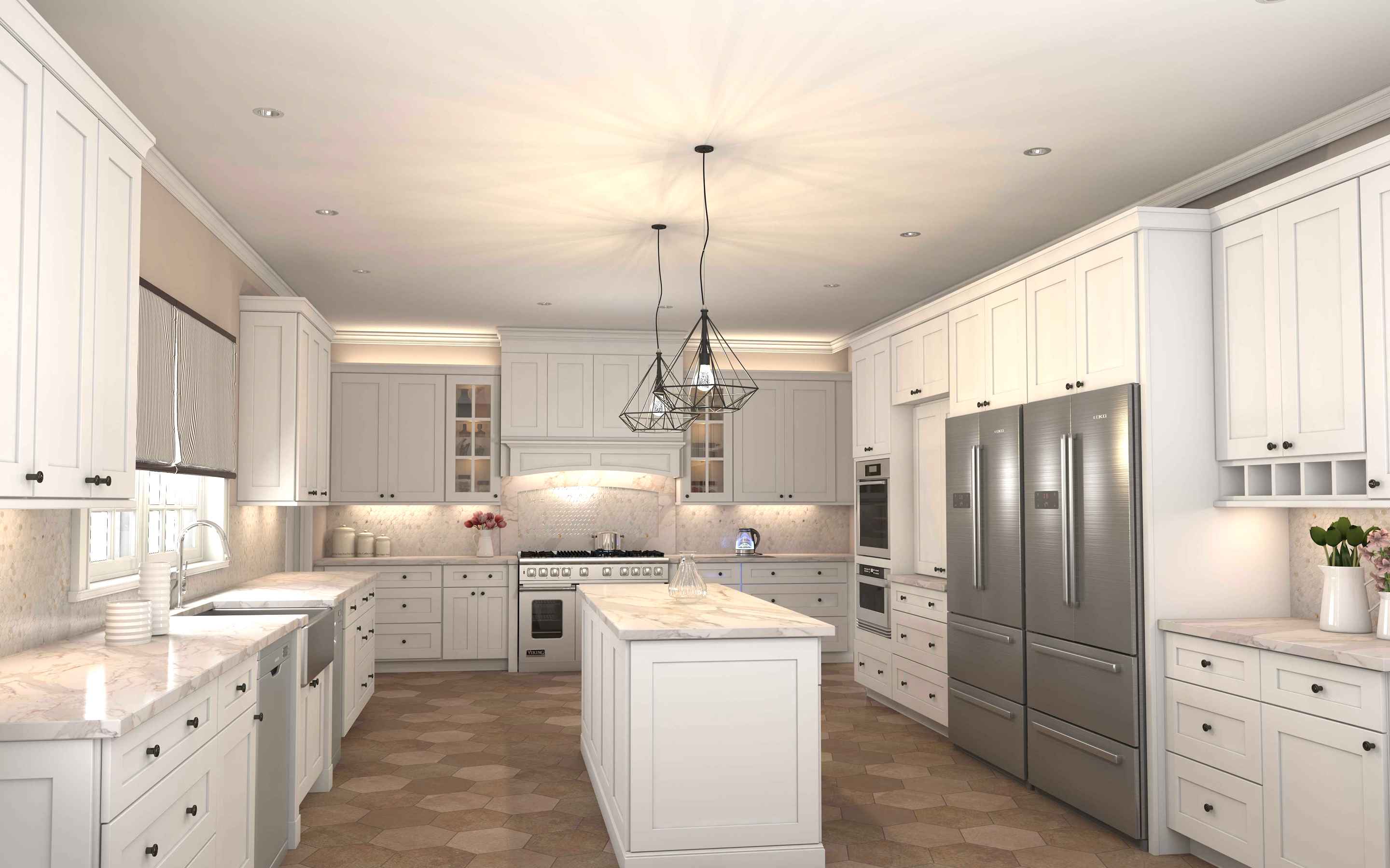 Modern kitchen featuring Prestige Dover Latte Cabinets with elegant white finish and spacious island design.