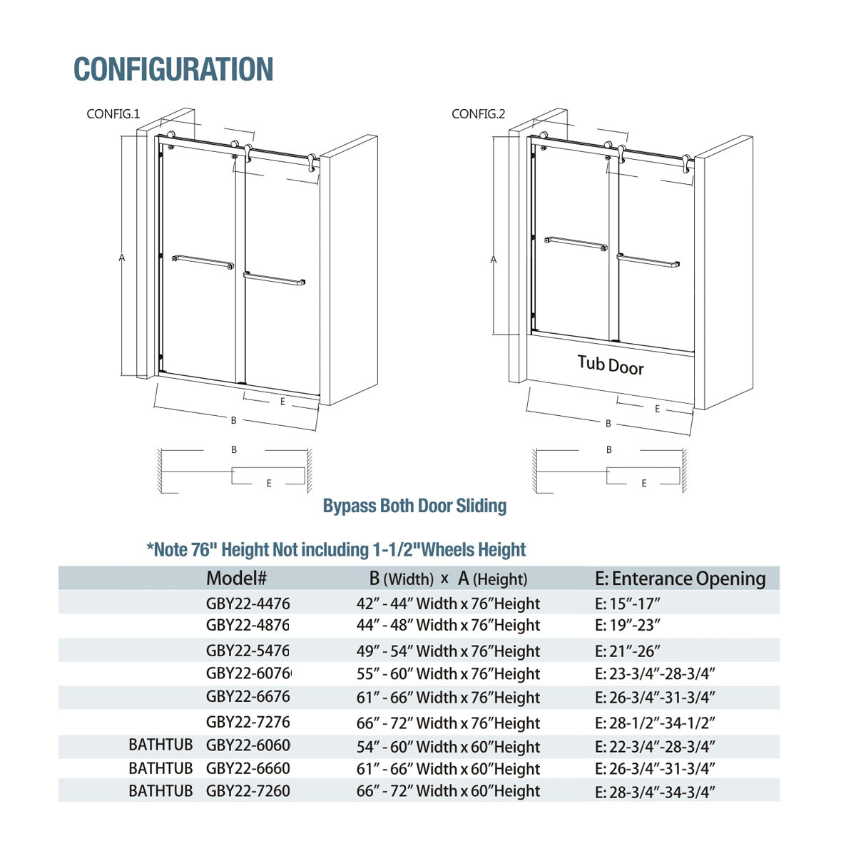 54" GBY22 Owen Bypass Series Tub Door with Klearteck Treatment (3/8" Thickness) (Chrome)