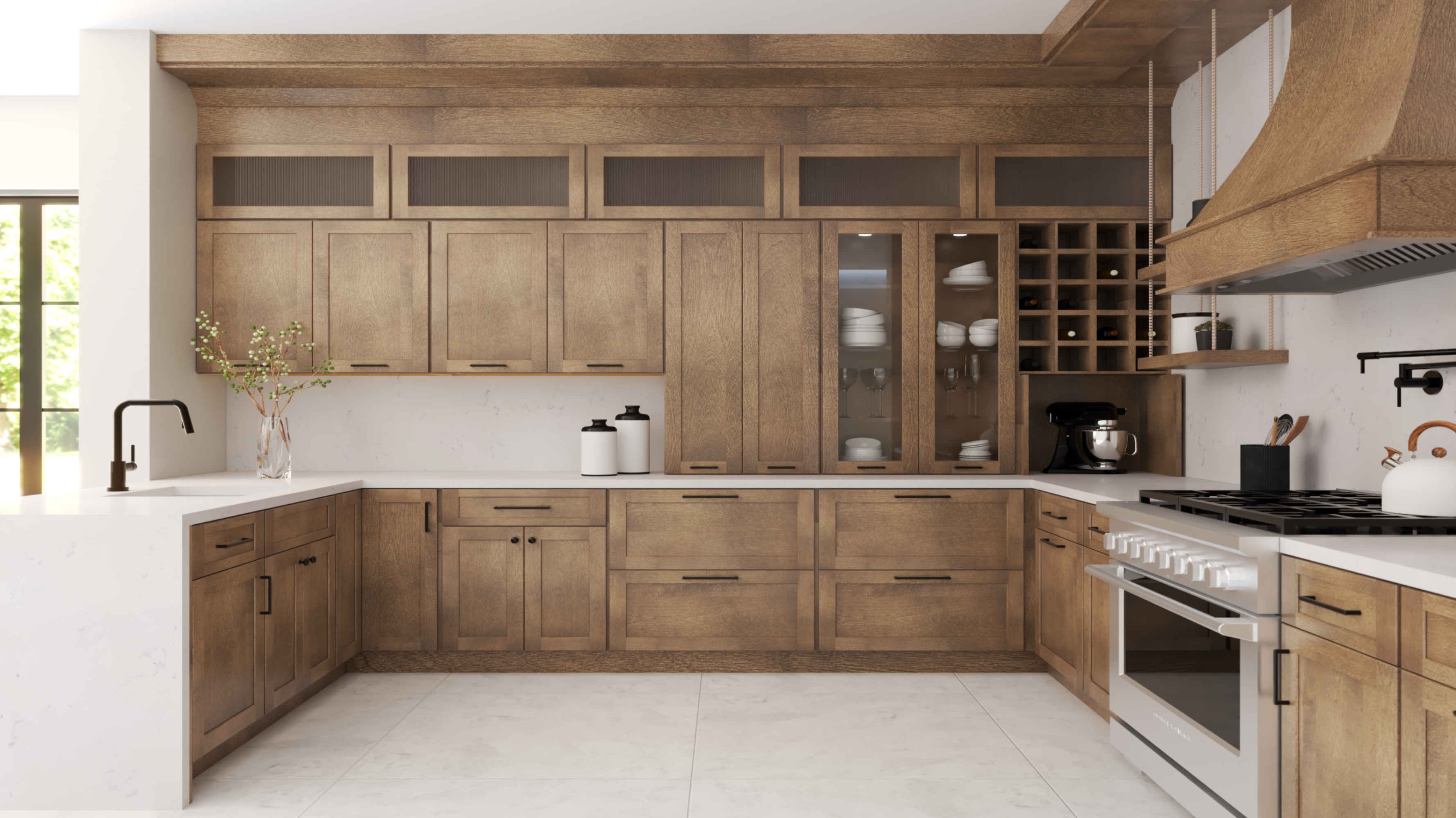 Modern kitchen featuring Allure Galaxy Mocha cabinets with polished finishes and earthy woodgrain design.