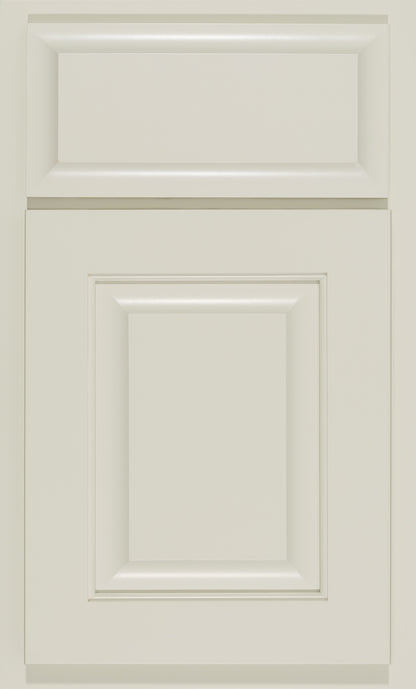 Square raised cabinet door in a soft white finish, customizable for kitchen designs by Shiloh.