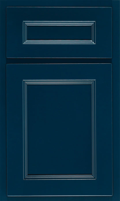 Shiloh cabinet door in dark blue finish, featuring customizable design and elegant paneling for kitchen decor.