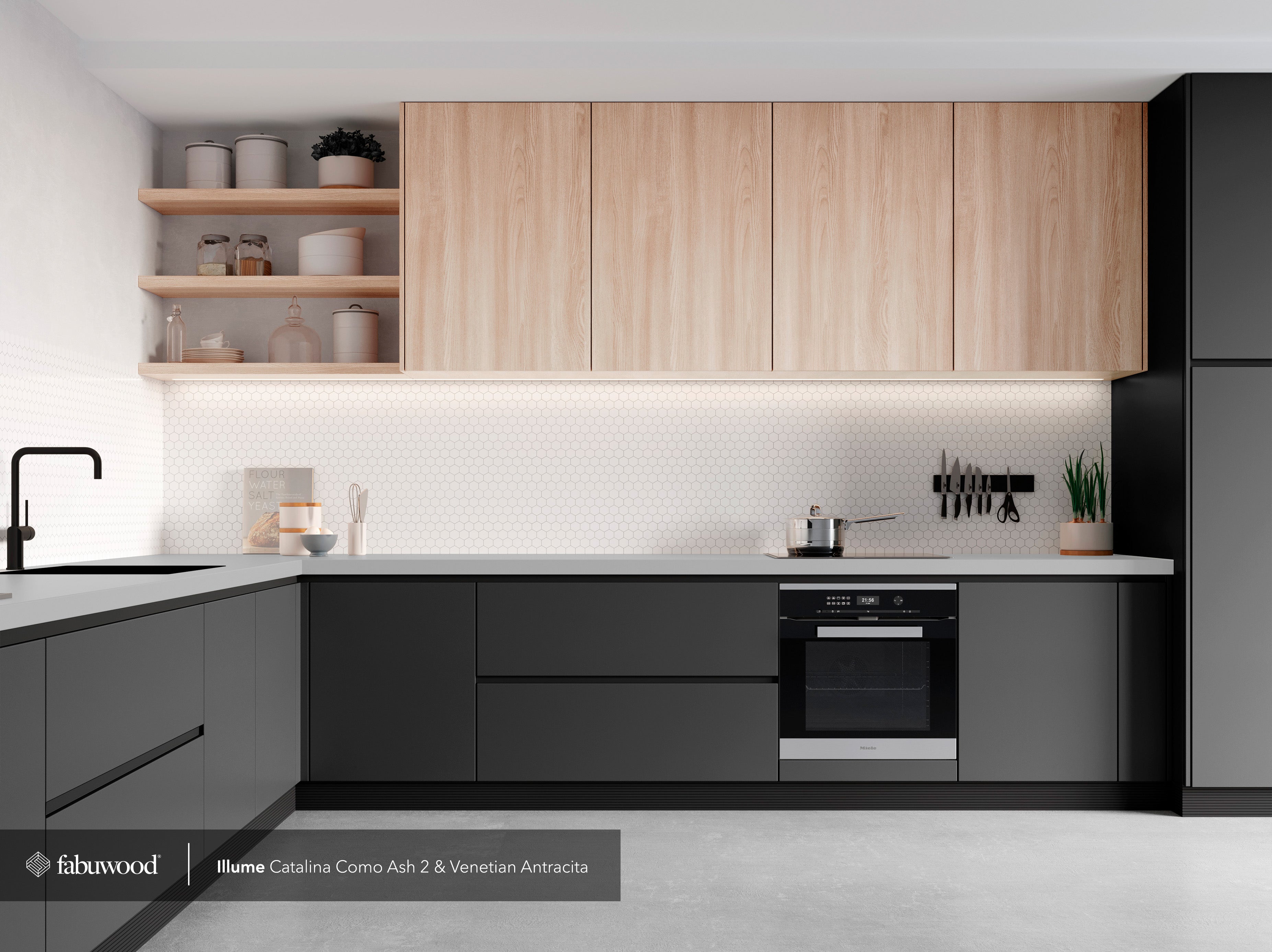 Illume Tuscany Como Ash 2 kitchen cabinets in modern design with soft wood grain and contemporary style.