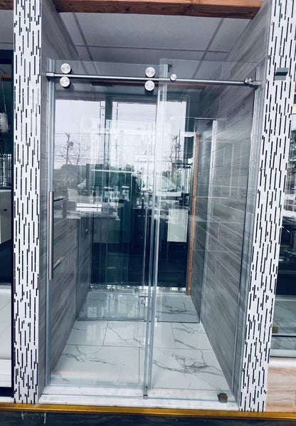 Low Iron & Laminated  60"W x 80" H Frameless Single Sliding (Chrome)