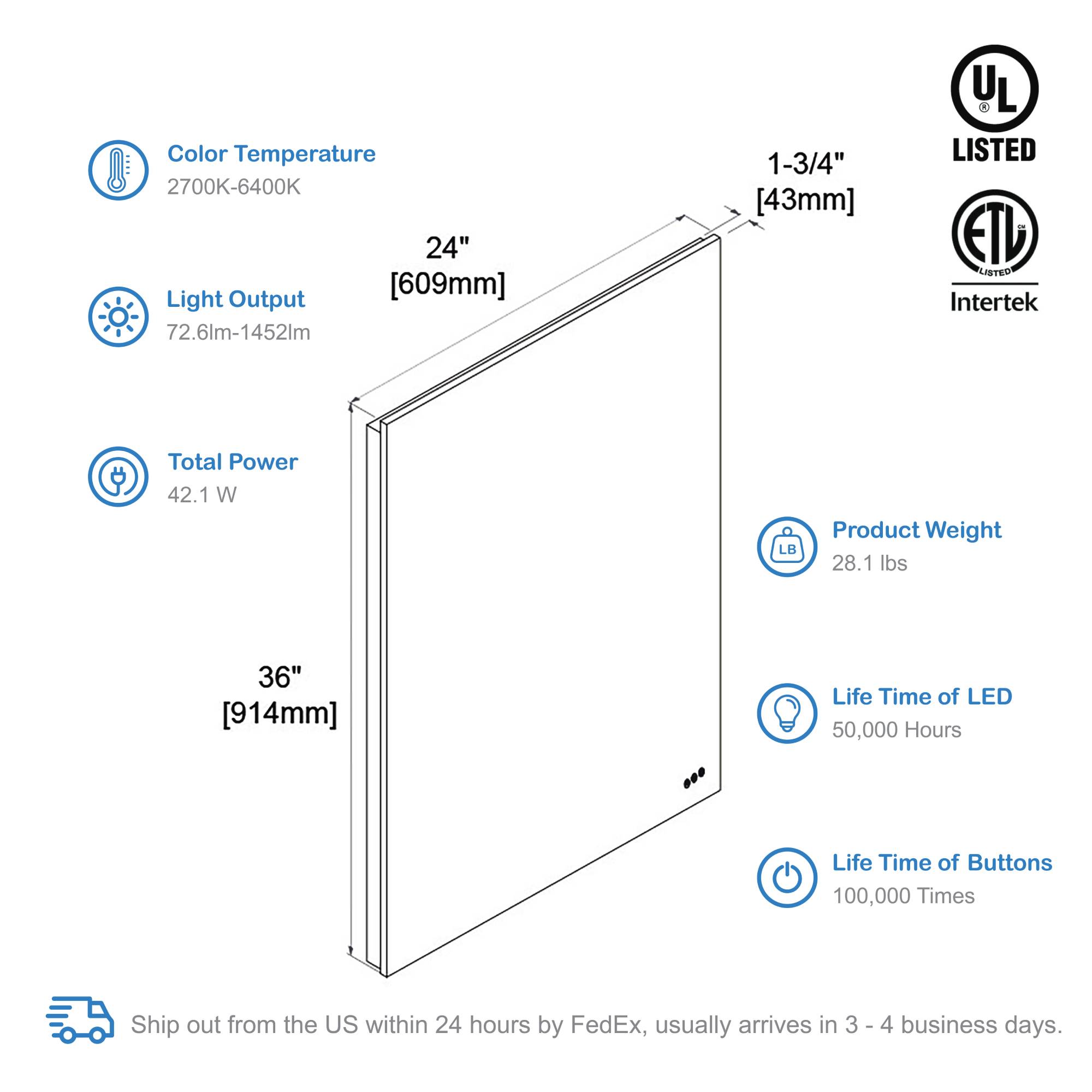 Beta 24″x36″ LED Mirror with Frosted Sides