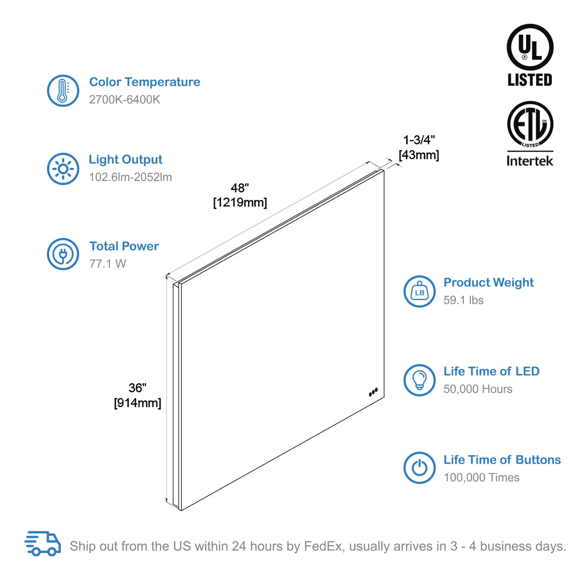 Beta 48″x36″ LED Mirror with Frosted Sides
