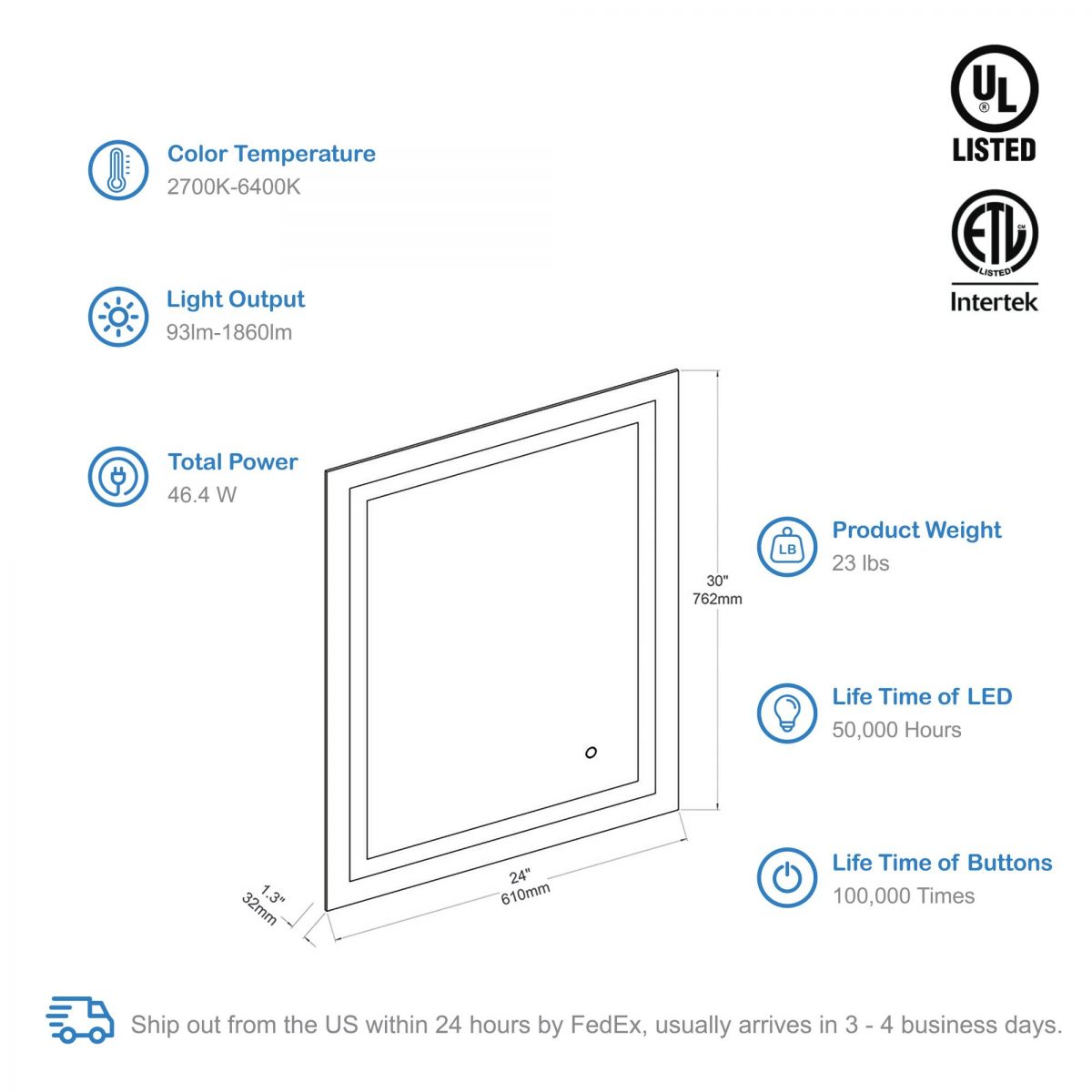 Lyra 24 x 30 Inch LED Mirror