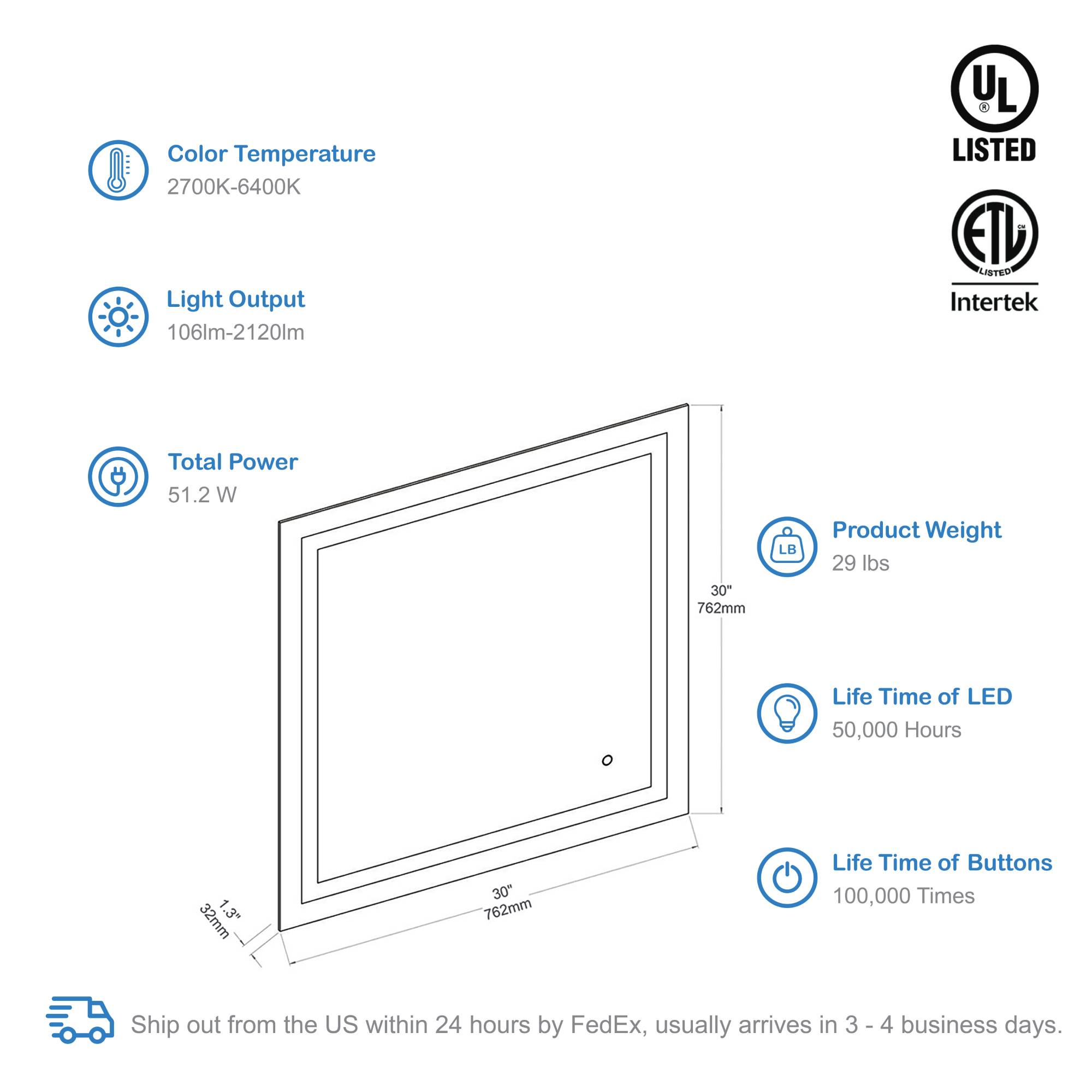 Lyra 30 x 30 Inch LED Mirror