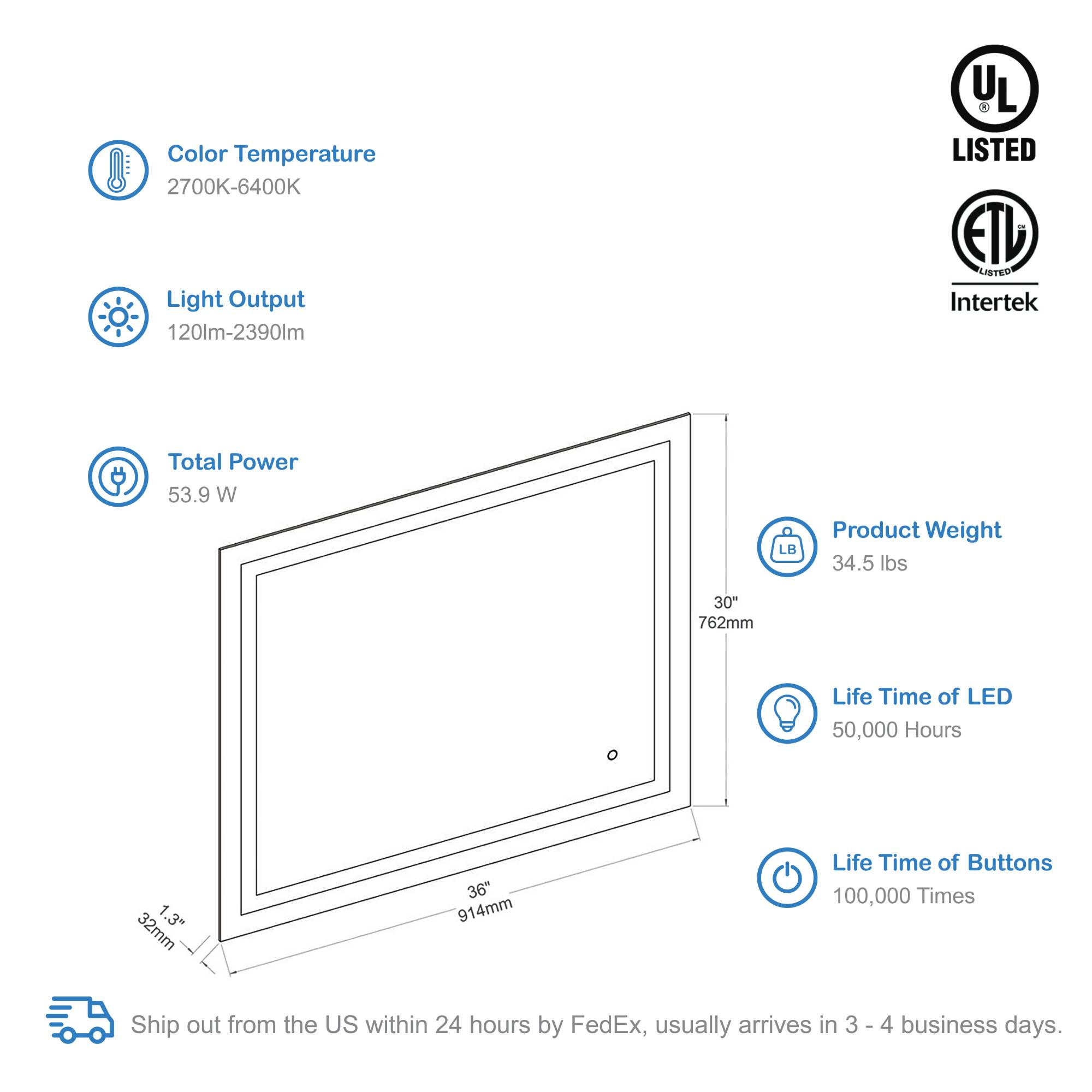 Lyra 36 x 30 Inch LED Mirror