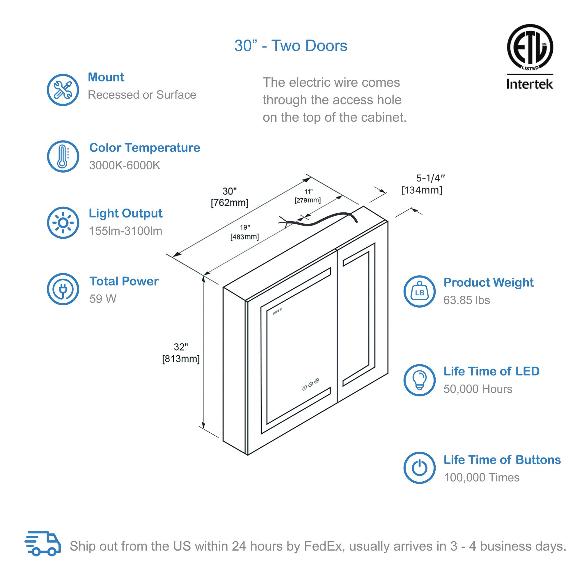 Asta – 30 Inches LED Medicine Cabinet