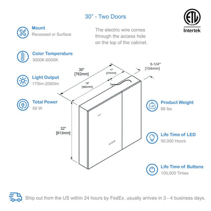 Sirius – 30 Inches LED Medicine Cabinet with Clock
