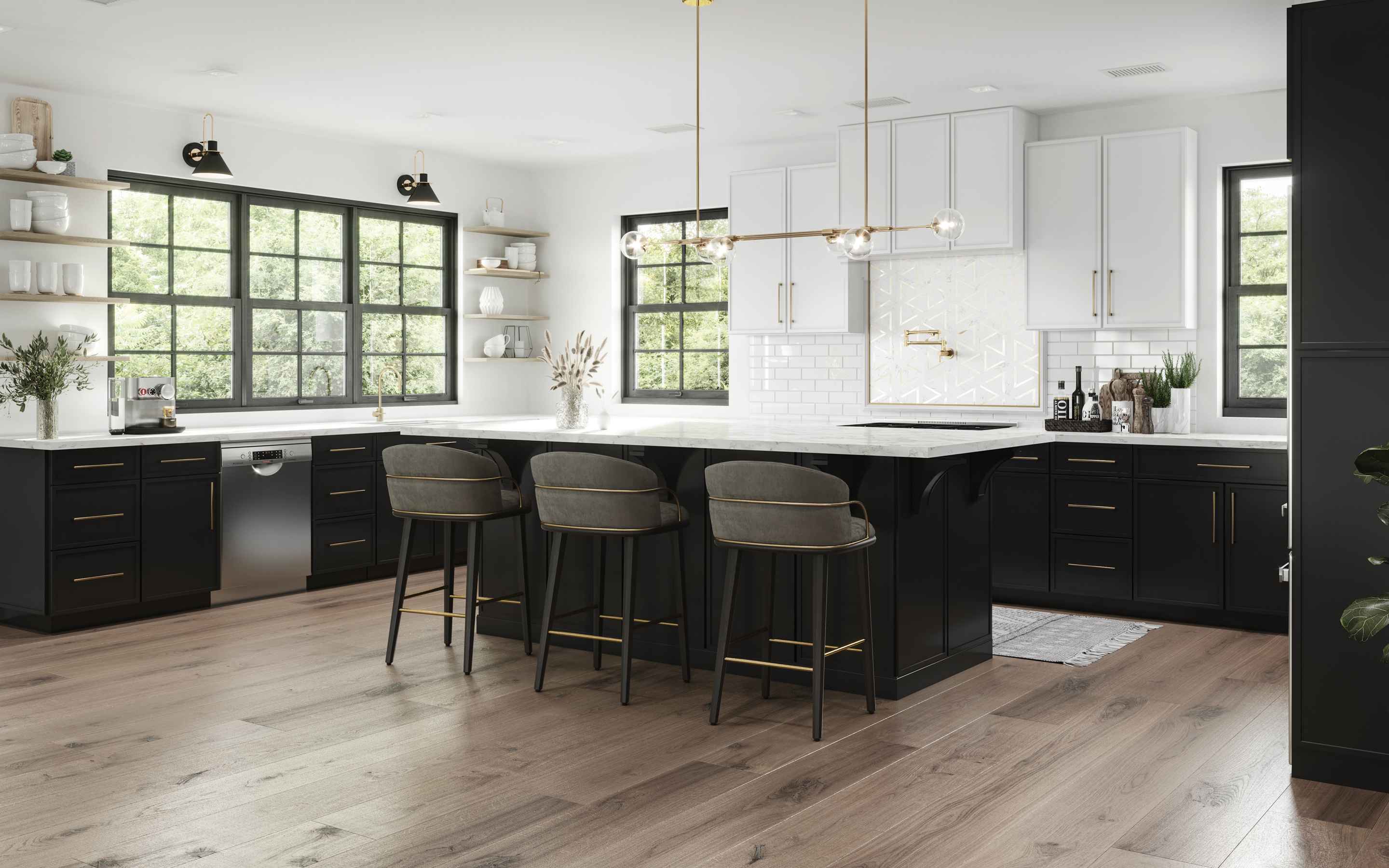 Sophisticated Imperial Madison Midnight kitchen with black cabinets, elegant island, and stylish seating in a bright space.
