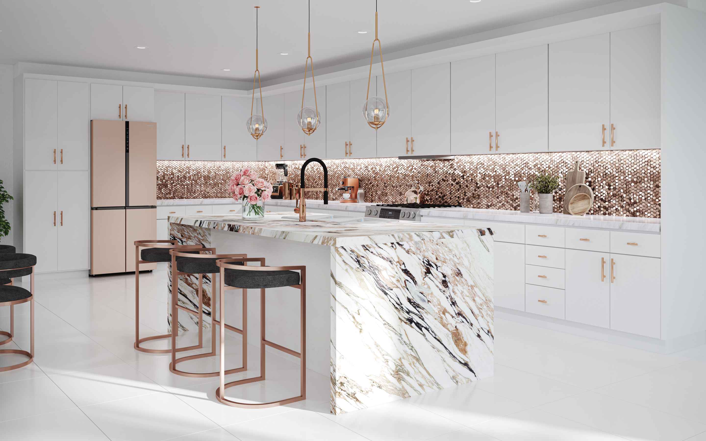 Prestige Milan Latte Kitchen Cabinets with modern design, featuring satin finish and elegant marble island.
