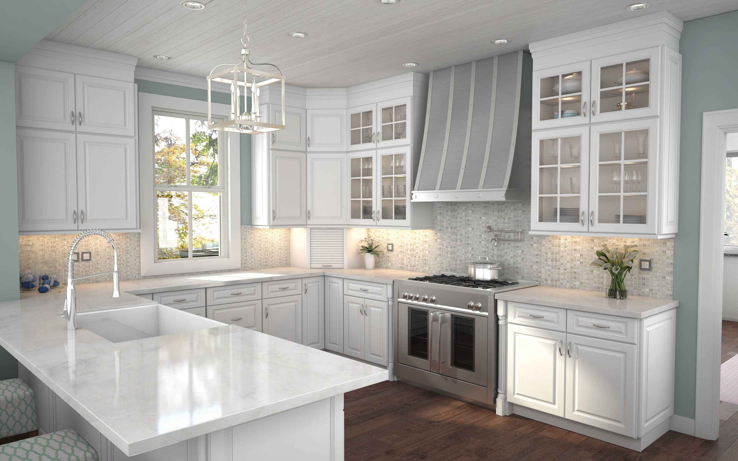 Prestige Newport Latte Kitchen Cabinets in a modern kitchen featuring white cabinetry and a stylish stainless steel stove.