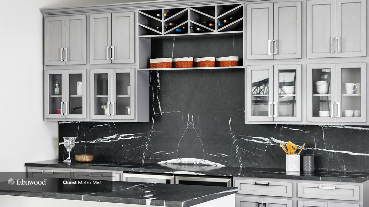 Stylish Quest Metro Mist kitchen cabinets with overlay drawers, featuring a cool-toned grey finish and modern design.