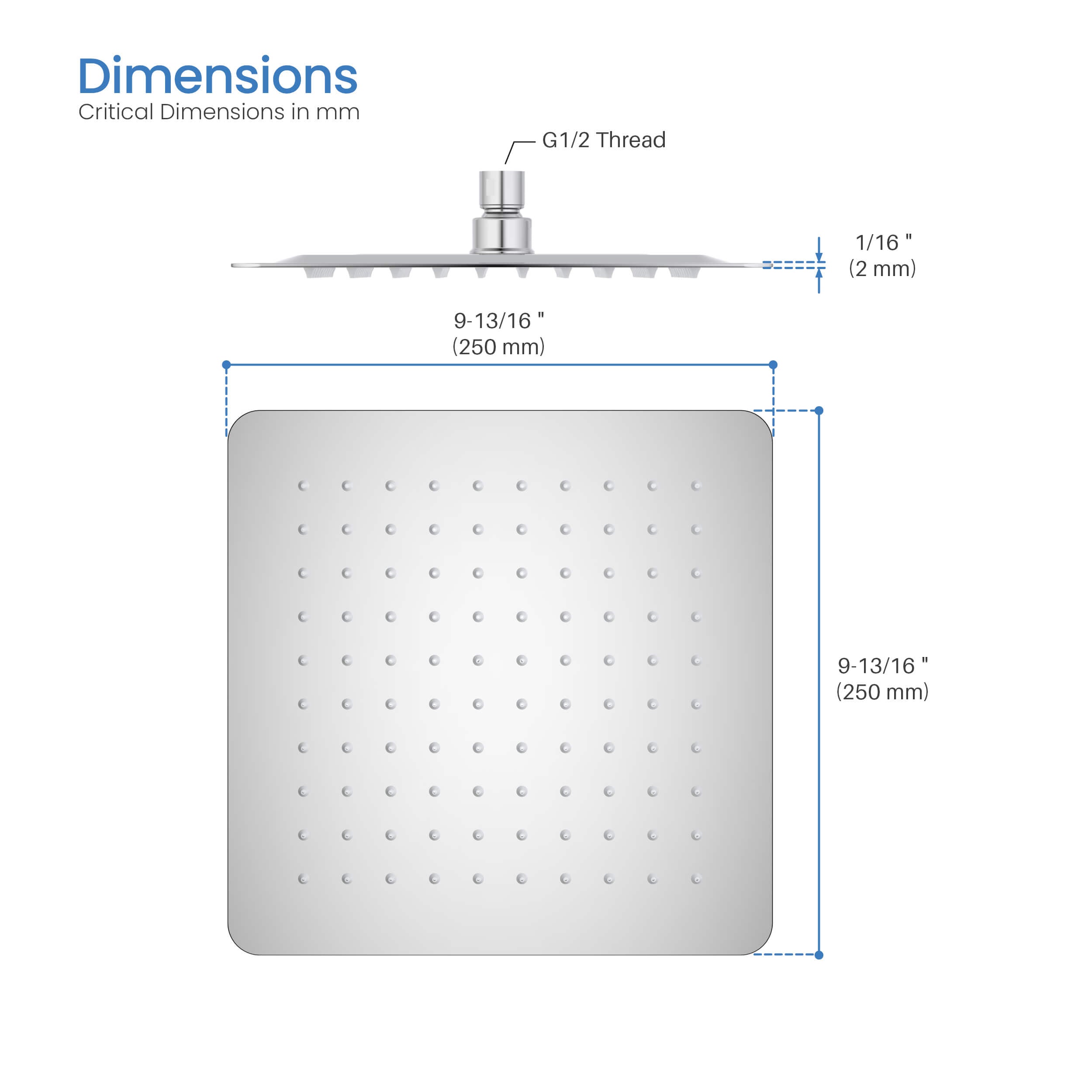 Quadra 10" Metal Rain Shower Head 2mm Ultra Thin Profile  - RS101