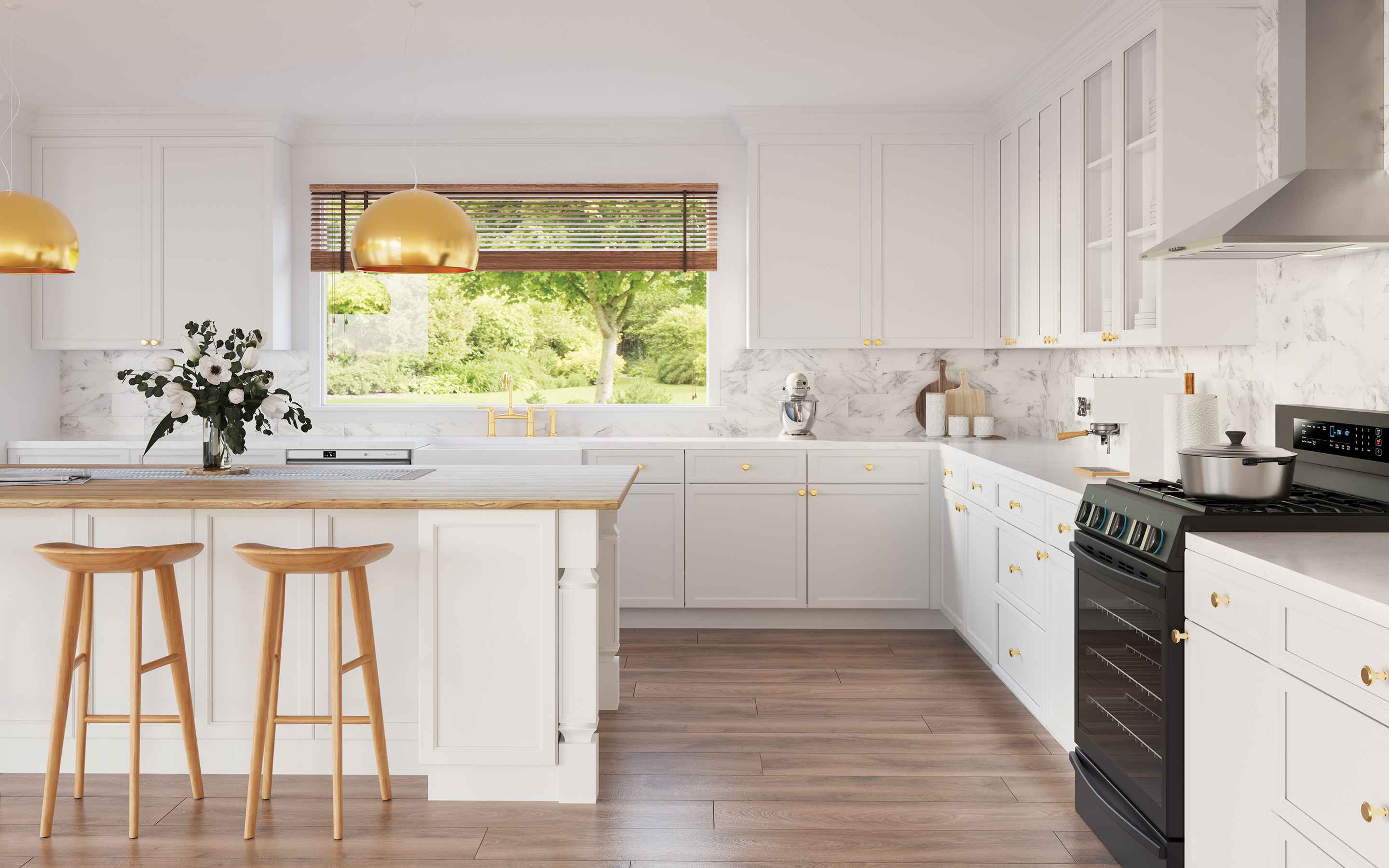 Bright kitchen featuring Basic Ridgefield Latte cabinets, gold accents, and a spacious layout with bar stools and window view.