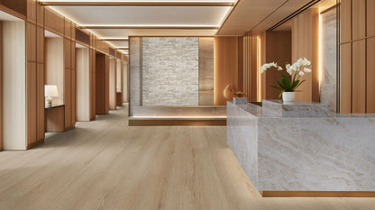 Modern reception area featuring Everlife Studio luxury vinyl tile, warm wood tones, and stylish stone accents.