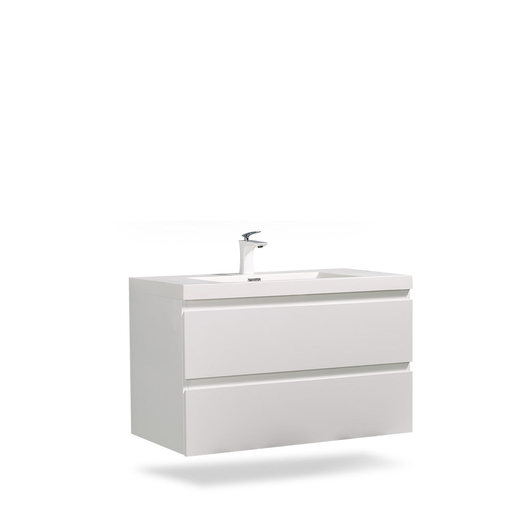 36" V9005 Angela Wall Hung Vanity & Acrylic Basin (Glossy White）