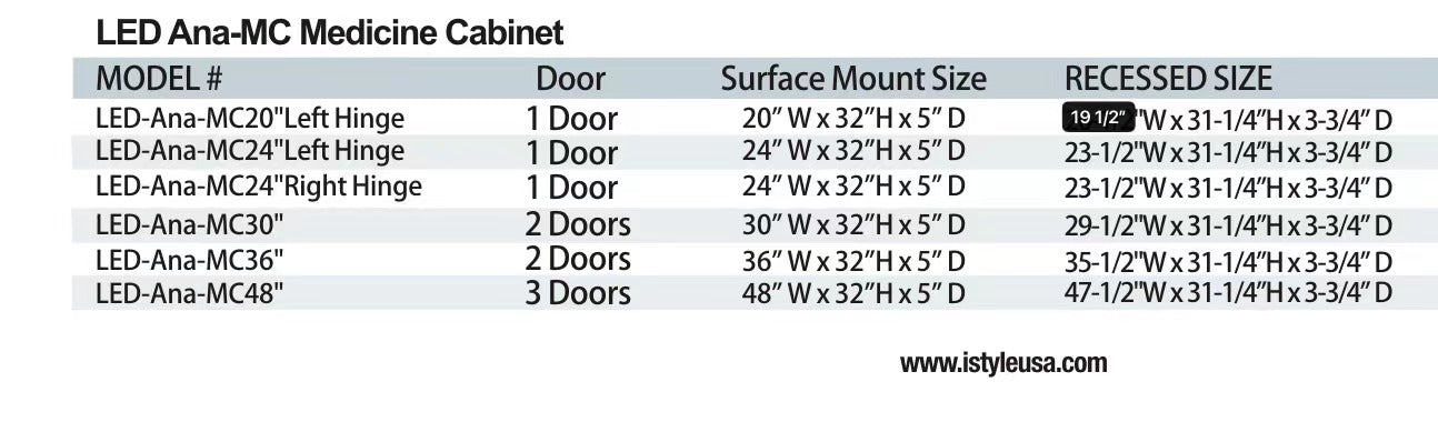 24" LED Ana Medicine Cabinet (Surface Mount/Recessed) (Left Hinge)