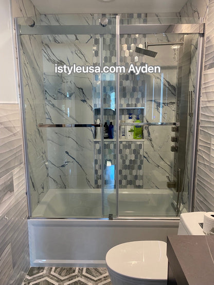60" Ayden Series Tub Door Frameless Bypass  with Klearteck Treatment (3/8" Thickness) (Chrome)