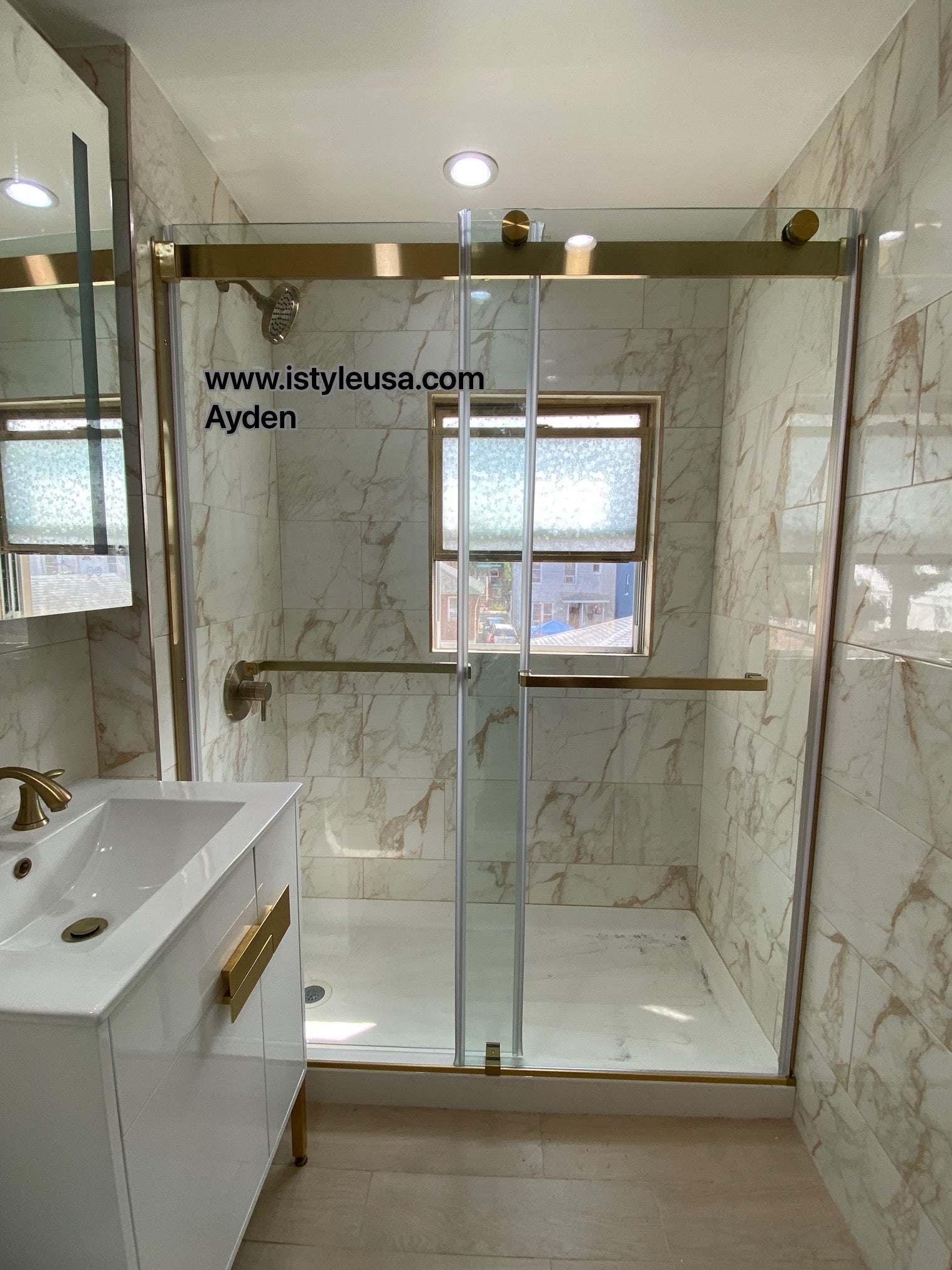 48" Ayden Series Frameless Bypass Shower Door with Klearteck Treatment (3/8" Thickness) (Brushed Gold)
