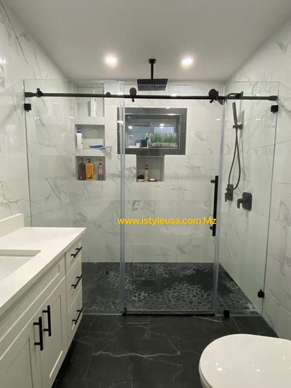 78" MZ Matthew Series Frameless (3 Panels) Single Sliding Shower Door with Klearteck Treatment (3/8" Thickness) (Matte Black)