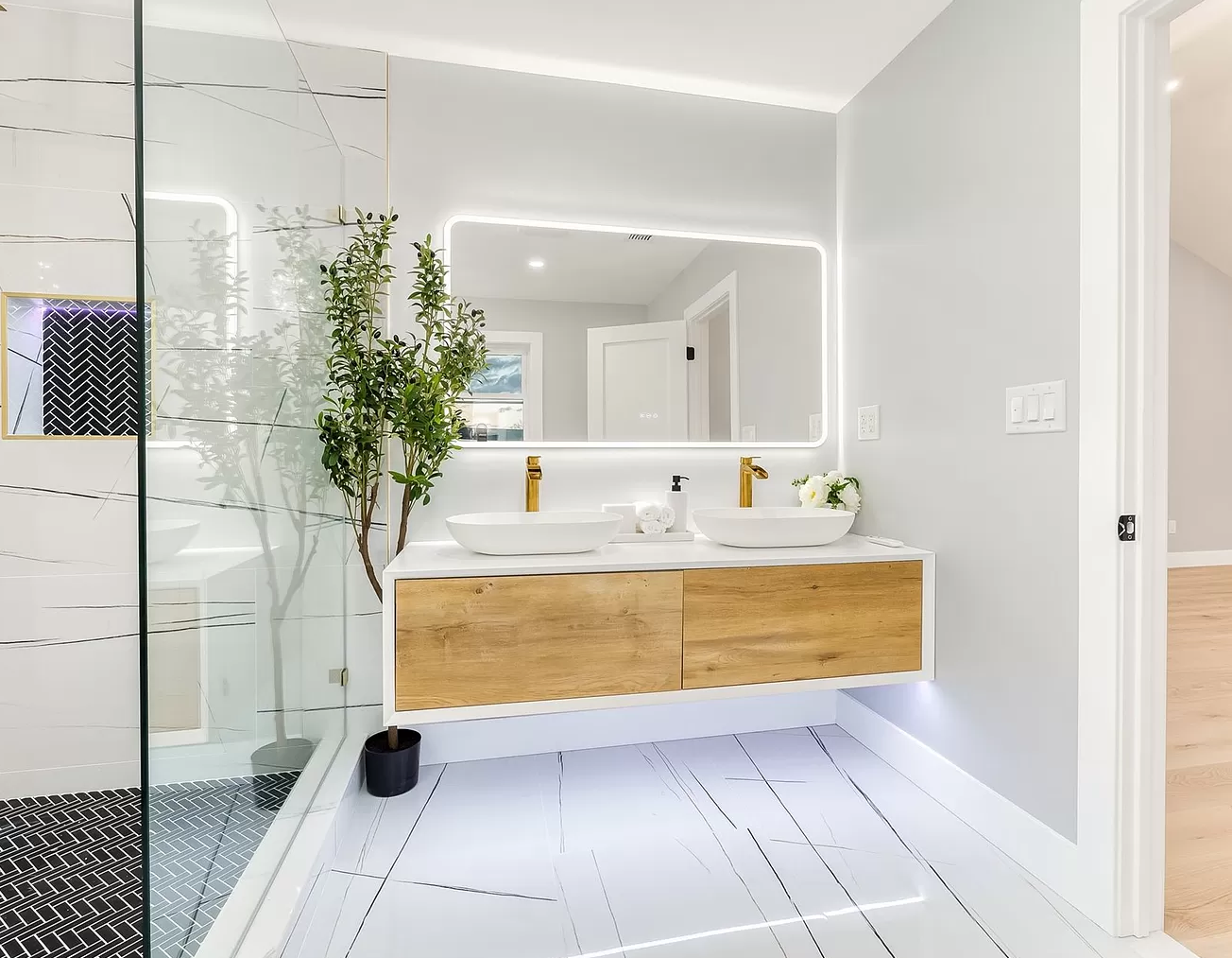63" V9013 Fiona Series Wall Hung Vanity & Acrylic Double Basins (Matte White / Fural Oak）