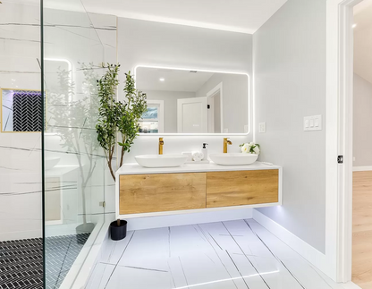 63" V9013 Fiona Series Wall Hung Vanity & Acrylic Double Basins (Matte White / Fural Oak）