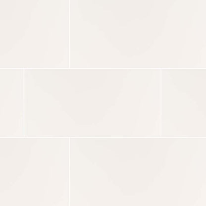 Adella White 12X24 Ceramic Tile with smooth satin finish, perfect for backsplashes and accent walls.