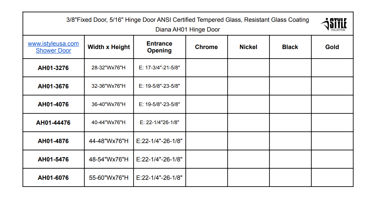 32" AH01 Series Frameless Swing Shower Door with Klearteck Treatment (Fixed 3/8" & Swing 5/16" Thickness)(Chrome)