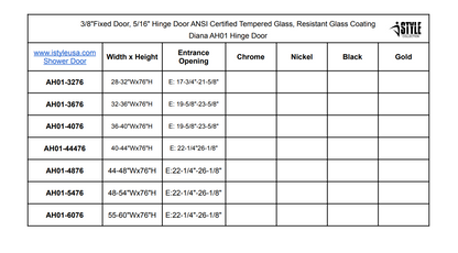 32" AH01 Series Frameless Swing Shower Door with Klearteck Treatment (Fixed 3/8" & Swing 5/16" Thickness)(Chrome)
