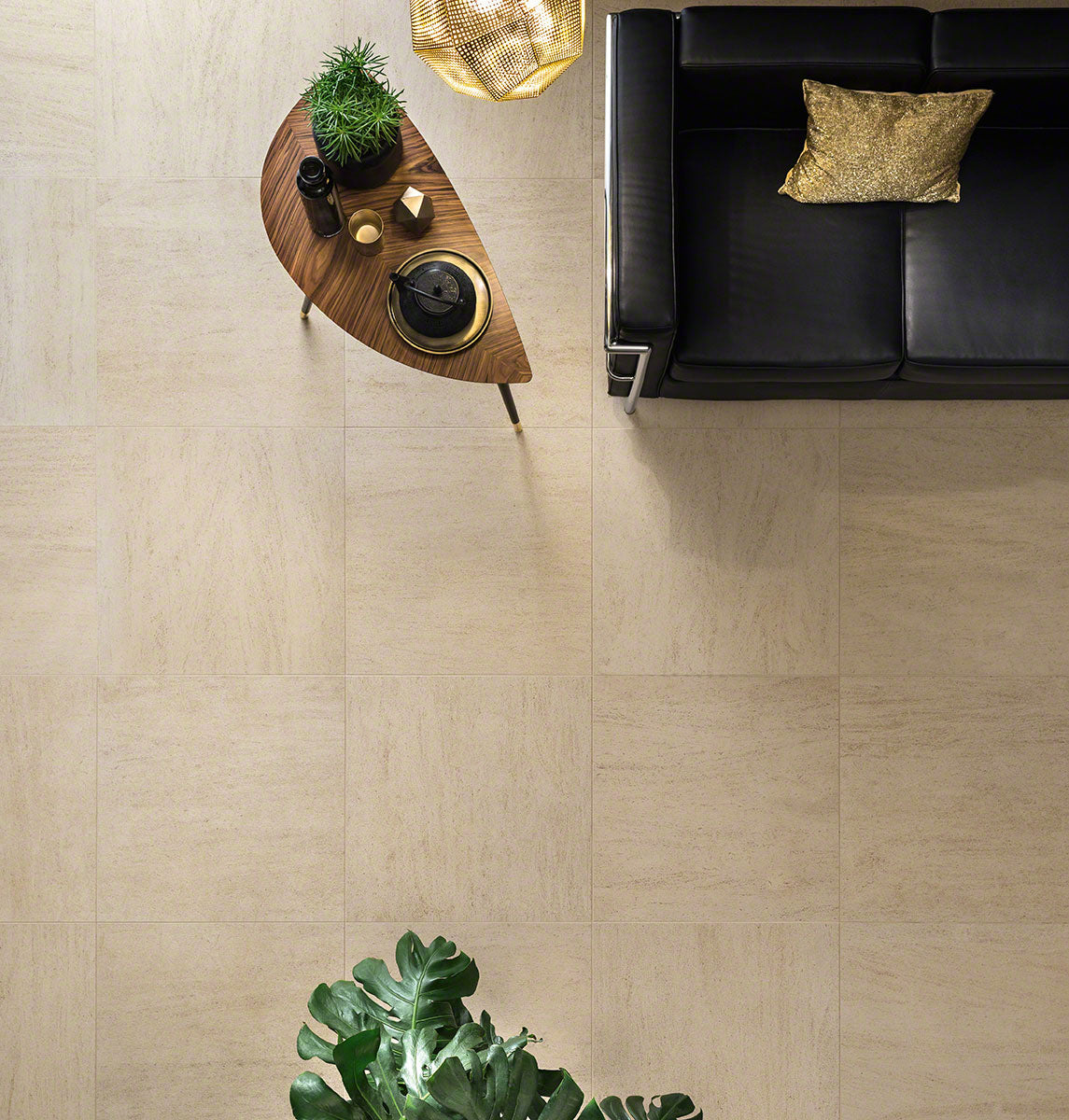 Living Style Beige porcelain tile pavers in a stylish living room with modern decor and natural stone look.