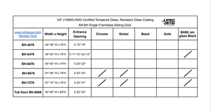 72" BH Series Frameless Single Sliding Shower Door (Brushed Gold)