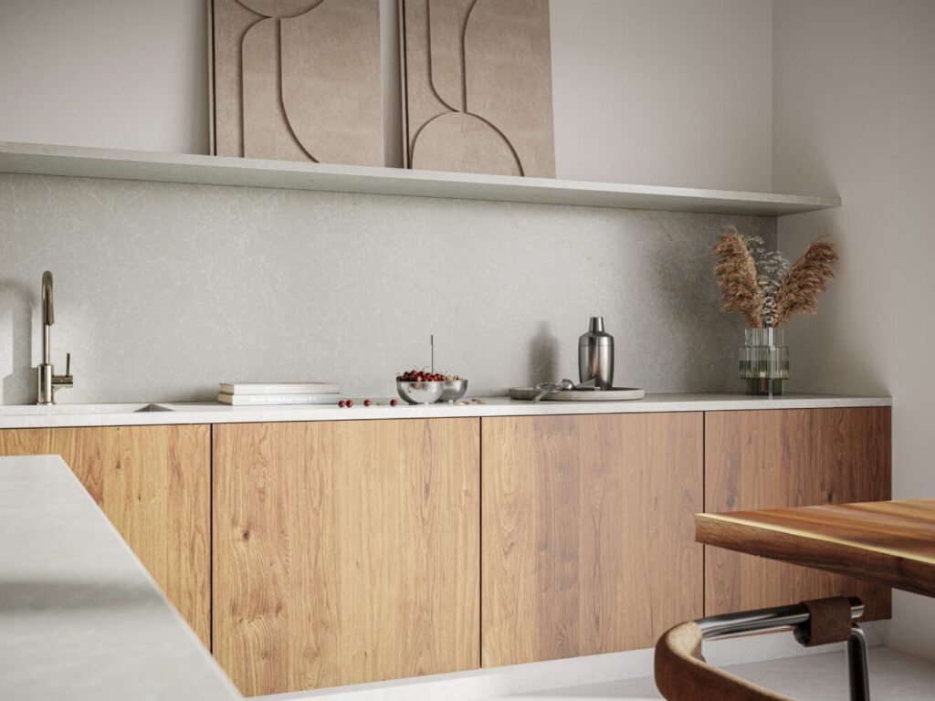 Modern kitchen featuring Brillianza stone with grey and white hues, wooden cabinetry, and minimalist decor.